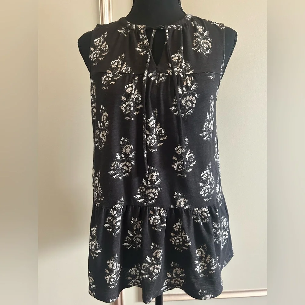 Lucky Brand Black White Floral Peplum Tank Top Sleeveless Boho Cottagecore S